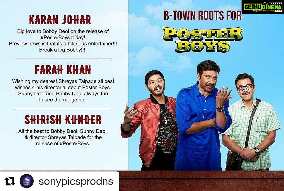 Shreyas Talpade Instagram - #Repost @sonypicsprodns (@get_repost) ・・・ Bollywood is loving #PosterBoys! #PosterBoysOutNow Booking link in bio! @iamsunnydeol @iambobbydeol @shreyastalpade1