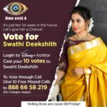 Swathi Deekshith Instagram - Let's give #SwathiDeekshith a chance by voting for her! . To Vote through Call 📞Dial 888 66 58 219 . Login to Hotstar, type BiggBoss Telugu and cast your Vote to Swathi. . Your love in form of votes will save her! . Voting lines are open till Friday! . . . . #TeamSwathiDeekshith #SwathiDeekshith #BiggBoss4Telugu #SuppprotSwathiDeekshith #VoteForSwathi #VoteForSwathiDeekshith #BiggBossTelugu4 #BiggBoss #Swathi #Deekshith