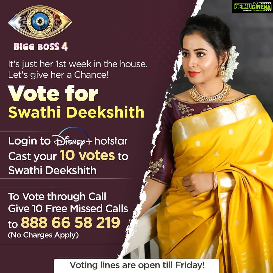 Swathi Deekshith Instagram - Let's give #SwathiDeekshith a chance by voting for her! . To Vote through Call 📞Dial 888 66 58 219 . Login to Hotstar, type BiggBoss Telugu and cast your Vote to Swathi. . Your love in form of votes will save her! . Voting lines are open till Friday! . . . . #TeamSwathiDeekshith #SwathiDeekshith #BiggBoss4Telugu #SuppprotSwathiDeekshith #VoteForSwathi #VoteForSwathiDeekshith #BiggBossTelugu4 #BiggBoss #Swathi #Deekshith