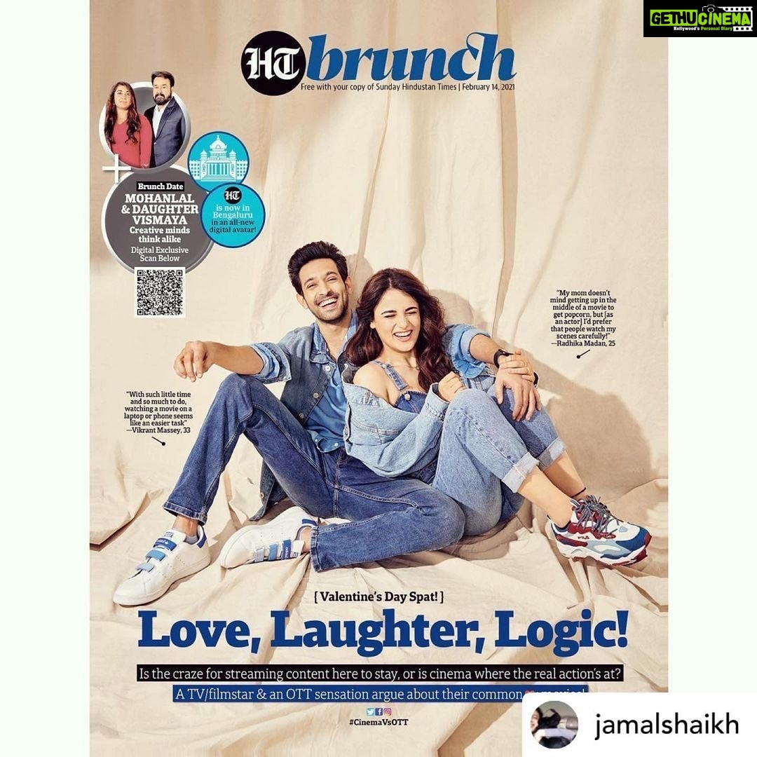 Vikrant Massey Instagram - @htbrunch Posted @withregram • @jamalshaikh Who agrees that #VikrantMassey has become the most endearing faces on OTT? Seen here with the effervescent #RadhikaMadan stoking a friendly V-Day debate. ••• #CinemaVsOTT by @missnairr Pics shot exclusively for @htbrunch by @prabhatshetty Styling for @vikrantmassey87 by @pyumishra , make-up by #RohanShelke and hair by Vinit S Styling for @radhikamadan by @spacemuffin27 , make-up by @missmehtaaa and hair by @souravroy_1999 Both artists represented by @media.raindrop ••• Vikrant wears clothes from @celioindia and shoes from @adidasindia Radhika wears @ayanadesigns jewellery and shoes from @filaindia