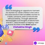 Vishakha Singh Instagram – 📣 Posted @withregram • @cotoapp GM fam! We’re thrilled to share that @vishakhasingh555 – all-round amazing woman and also someone who has played a remarkable role in redefining the NFT space for artists and creators is joining the coto team! She will help onboard the entire coto community about NFT, blockchain, and its benefits for the greater good of building a thriving, rewarding, safe space for women online.

#coto #cotocommunity #eveworld #girlpower #womenempowerment #positivity #web3 #blockchain #nft #crypto #womancreator #creators #women #communitybuilding #community #womensupportingwomen