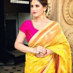 Zareen Khan Instagram - Traditional look for an event in Hyderabad 🌼🌸🌼 Wearing - @mintnoranges Jewellery - @bellezajewels Hair & Makeup - @harryrajput64 Styled by - @trishadjani #TraditionalLook #Saree #Hyderabad #ZareenKhan