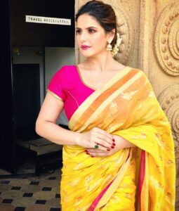 Zareen Khan Instagram - Traditional look for an event in Hyderabad 🌼🌸🌼 Wearing - @mintnoranges Jewellery - @bellezajewels Hair & Makeup - @harryrajput64 Styled by - @trishadjani #TraditionalLook #Saree #Hyderabad #ZareenKhan