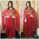 Zareen Khan Instagram – Wearing this gorgeous maroon bell sleeves hand embroidered Anarkali from @malasaofficial for an event. 
Styled by – @instagladucame @maddiea24 
#AboutLastEvening #gucgladucame