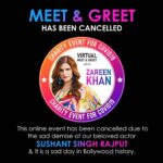 Zareen Khan Instagram - Thank you for showing interest in the Virtual Meet & Greet for Covid19 Relief and donating to this noble cause. Unfortunately, this online event has been cancelled due to the sad demise of our beloved actor Sushant Singh Rajput. It is a sad day in Bollywood history. . . . *Your donations will be refunded back to your bank account.* #ZareenKhan