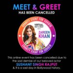 Zareen Khan Instagram - Thank you for showing interest in the Virtual Meet & Greet for Covid19 Relief and donating to this noble cause. Unfortunately, this online event has been cancelled due to the sad demise of our beloved actor Sushant Singh Rajput. It is a sad day in Bollywood history. . . . *Your donations will be refunded back to your bank account.* #ZareenKhan