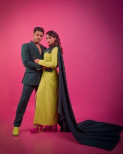 Aishwarya Sharma Bhatt Instagram - You and I amidst popping colours and flying trails❤️ #pinkvillastyleicons2023 Styled by @riddhirgandhi Photographer @_yash_warpe Hairstylist @farhastylist Managed by @pratik.maheshwari #neilkiaish #neilbhatt #aishwaryasharma #couplegoals #fashiongoals