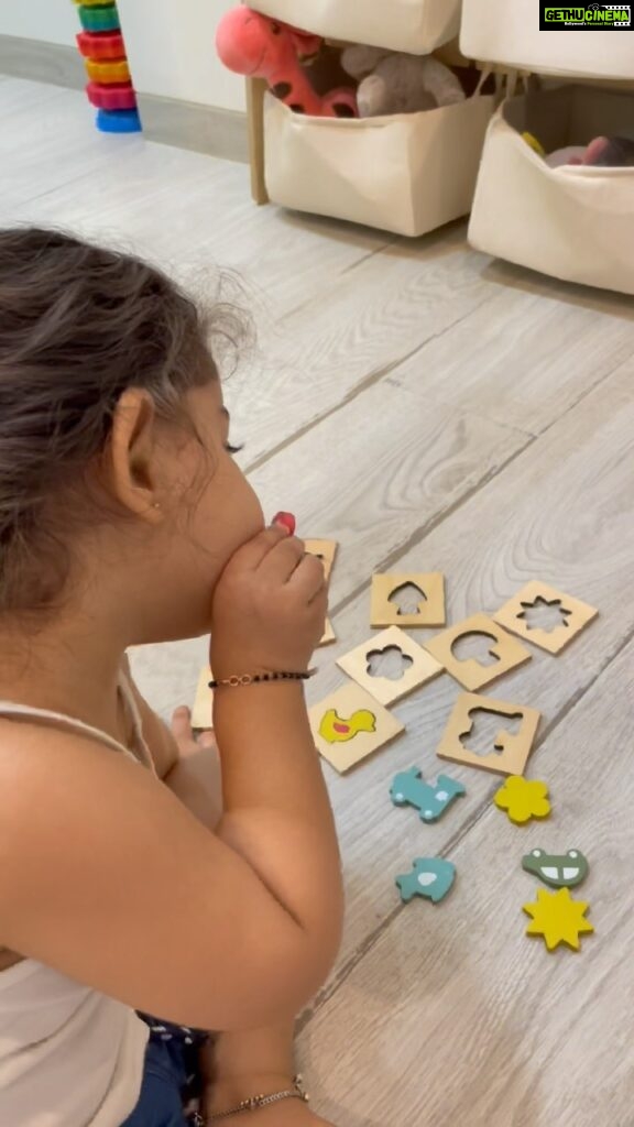 Ankita Bhargava Patel Instagram - Got this lovely wooden montessori material from @toyroomtoys ! I had bought this months ago! She loves doing this shape match puzzle! #rabbdimehr