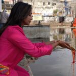 Anupriya Goenka Instagram - Happy Gudi Padwa 🙏 Pushkar, such a powerful experience. I dint even realise that we would end up visiting Pushkar on such an important occasion.. but well, am learning, when you let it, life happens in the best way possible.. Today’s puja was so powerful and the serenity of Pushkar is so consuming that I don’t have much words to explain it.. Remembering my ancestors today and doing this small puja by the holy lake and then visiting the sacred Brahma temple, made me feel complete and at peace. Whenever you get a chance, definitely visit Pushkar and the Brahma and Savitri Mata temple. #gudipadwa #pushkar #holy #sacred #feelingblessed #prayer Wearing @firkibysweta fashionpreneurs_official @yasminqurash