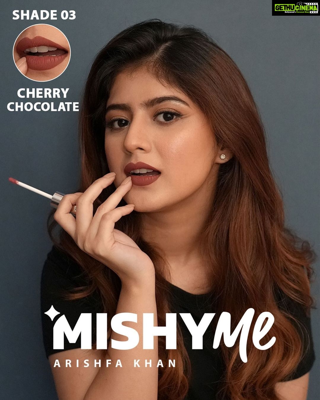 Arishfa Khan Instagram - Cherry Chocolate - Oh you wish you could eat it all! Here’s the 3rd shade (Chocolate Pink) 💄MishyMe Matte Liquid Lipsticks launching soon.