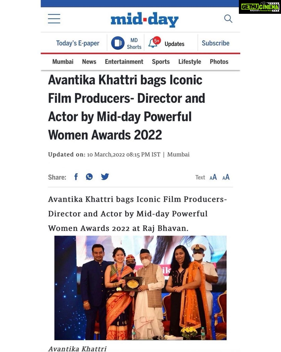 Avantika Khatri Instagram - #latepost Extremely Happy and Hugely Honoured to be awarded as this years “Iconic Producer, Film-Director and Actress at the #PowerfulWomenAwards at #RajBhavan by the Governor of Maharashtra, Shri Bhagat Singh Koshyari ji @bhagatsinghkoshyari This ones to all the women out there who are conquering every field with such beauty and grace. And thank you to the entire team of @midday_entertainment for recognising my work. . #gratitude #blessed #womensday #2022 #powerfulwomen2022 #honoured #india #mumbai #ethnicwear #indianwear #proud #moment #rajbhavan #governor #of #maharashtra #tajpalacemumbai #taj #government #midday #jagran #jagranpublication #avantikakhattrilatestpics #avantikakhattri Raj Bhavan