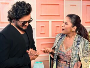 Bhuvan Bam Instagram - My Next Episode with @bhuvan.bam22 #DesiVibeswithShehnaazGill

Outfit: @svacouture
Jewellery: @misho_designs
Stylist: @junni.khyriem
Team: @_ishitachandan_
Mua: @shuraakhan
Hair: @cheemabaljit2 
Location: @merakiistudioz 
📸: @akshay_navlakhe