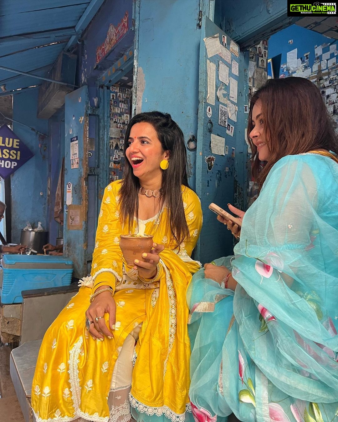 Devoleena Bhattacharjee Instagram - Lassi in Varanasi,Oh my God! The Taste was ♥️ . We both don’t like lassi,but thought of giving it a try and We loved it🫶🏻We tried Saffron Dry Fruit lassi >> for close up 😛 . Wait for the Vlog! . 📍Blue Lassi Shop,Varanasi . #influencer #lassi #food #foodporn #varanasi #travel #travelphotography #candid #sisters #devoleena #bhavinipurohit Varanasi, Uttar Pradesh, India