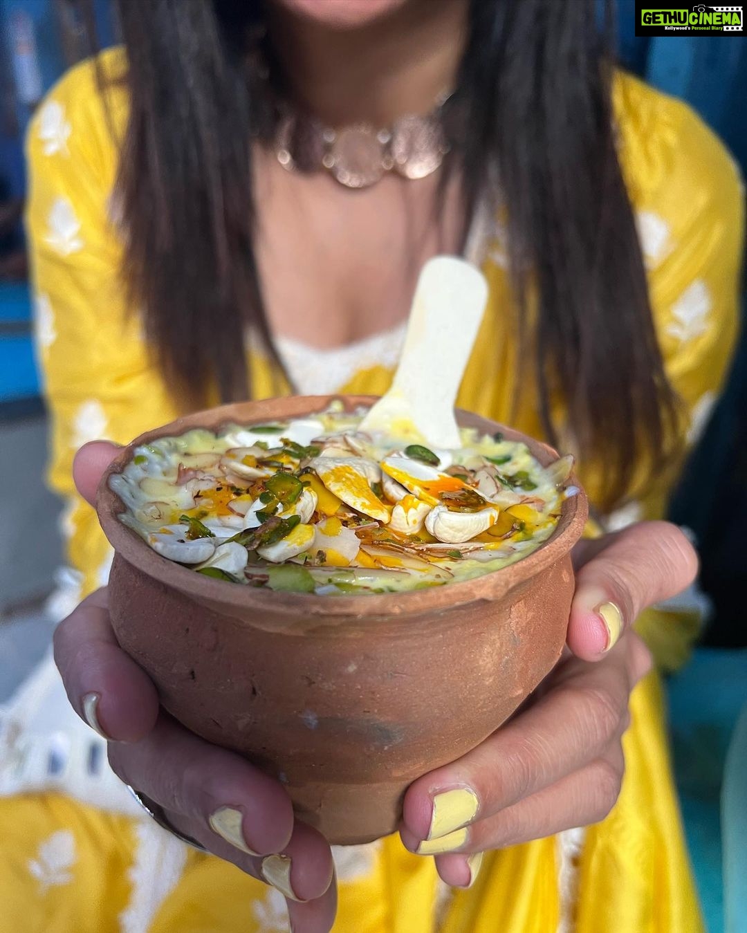 Devoleena Bhattacharjee Instagram - Lassi in Varanasi,Oh my God! The Taste was ♥️ . We both don’t like lassi,but thought of giving it a try and We loved it🫶🏻We tried Saffron Dry Fruit lassi >> for close up 😛 . Wait for the Vlog! . 📍Blue Lassi Shop,Varanasi . #influencer #lassi #food #foodporn #varanasi #travel #travelphotography #candid #sisters #devoleena #bhavinipurohit Varanasi, Uttar Pradesh, India