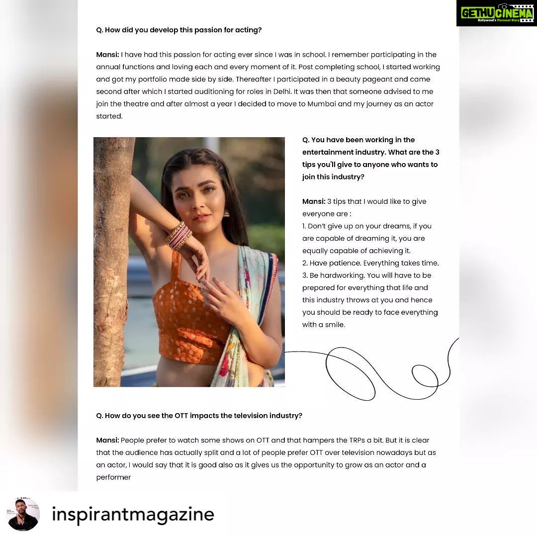 Mansi Srivastava Instagram - ♥️♥️ #sundaybinge ♥️♥️ Posted @withregram • @inspirantmagazine Catch Mansi Srivastava inside the latest issue of INSPIRANT Magazine at - https://inspirantmagazine.com/july-22/ Magazine - @inspirantmagazine Founders - Khushal & Kiran Mohnot Thanks for believing in us! #inspirant #editorial #magazine #inspirantmagazine #support #newstory #mansisrivastava