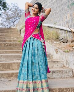 Meghana Lokesh Instagram - I feel delightful every time I’m styled in a half saree,thanks for this beautiful one ☺️
Outfit : @pari.designers_ 
📸 : @paulino_pictures