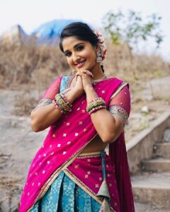Meghana Lokesh Instagram - I feel delightful every time I’m styled in a half saree,thanks for this beautiful one ☺️
Outfit : @pari.designers_ 
📸 : @paulino_pictures