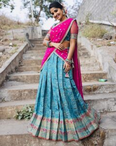 Meghana Lokesh Instagram - I feel delightful every time I’m styled in a half saree,thanks for this beautiful one ☺️
Outfit : @pari.designers_ 
📸 : @paulino_pictures