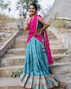 Meghana Lokesh Instagram - I feel delightful every time I’m styled in a half saree,thanks for this beautiful one ☺️
Outfit : @pari.designers_ 
📸 : @paulino_pictures