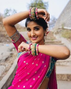 Meghana Lokesh Instagram - I feel delightful every time I’m styled in a half saree,thanks for this beautiful one ☺️
Outfit : @pari.designers_ 
📸 : @paulino_pictures