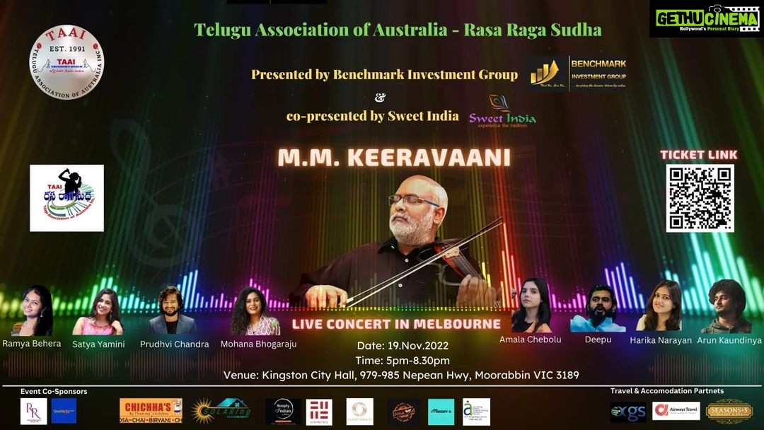 Mohana Bhogaraju Instagram - This Nov with MMKeeravaani sir and team!! @teluguassociationofaustralia @ramyabehara @satya.yamini @amalachebolu @harika_narayan @deepu_music @arunkaundinya @prudhvichandrap