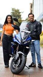 Mugdha Chaphekar Instagram - Travelling in a car is like watching a movie
Riding a superbike is like starring in it🏍❤️❤️
So we got this beautiful beast home 😍🤩🧿
#triumphtiger 
#love
#adventure #superbike #fun #RaDha
Thank you @vashu_jain_ for this video 🙌