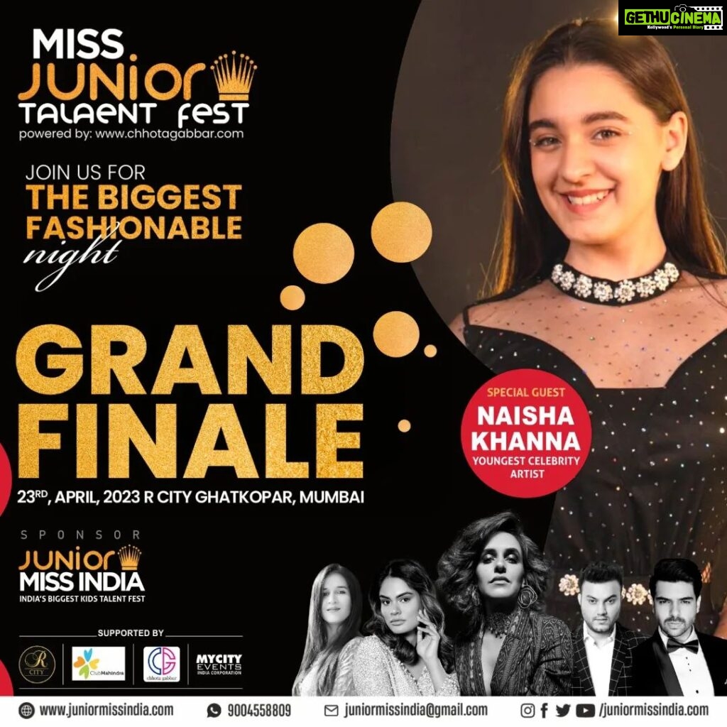 Naisha Khanna Instagram - Junior Miss Talent Fest [Junior Miss India], the first pageant for young girls is having its Grand Finale on 23rd April 2023 and The shining star Celebrity Naisha Khanna will be joining us on this biggest fashionable night. Naisha Khanna @iamnaishakhanna ; has done TVC with many famous celebrities and is a Dadasaheb Phalke award winner for best child actor. She was a part of famous movies like Brothers, Baar Baar Dekho, Kahaani 2 , Hichki , Firangi , Loveyatri , Torbaaz, upcoming with Kareena Kapoor also. Thank you so much for joining us together we will make this Grand finale a memorable event for Kids of India. Special thanks to Neha Dhupia Ma'am @nehadhupia (Chief Guest) Vipul Roy @vipulroy (Eternal Mentor And Judge) Shobha Gori Ma'am @shobhagori (India leading kids casting Director) Yatin Gandhi @yatin1979 (Show Director & Judge) & Noyonita Lodh @noyonitalodh (Mentor & Judge) . . . . #celebrity #celebritykids #childstar #naishakhanna #celebritykids#juniormissindia #grandfinale #missindia #momblogger #kidsofinstagram #momsofinstagram #kidsblogger #rcitymall #fashion #fashionblogger #mumbai #ghatkopar hatkopar Mumbai, Maharashtra