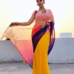 Nanditha Jennifer Instagram - summer glow . . Beautiful Saree by @sheelai_designs Polymer clay Jewellry @abbis_trending_collection . . #blessed #beautiful #love #cute #yellow #purple #pink #peach #violet #colorful #saree #blouse #actress #jenniferr252 #instagram #instagood #instadaily #sunset #jewellery #polymerclay #pearl #pictureoftheday #likeforlikes #cinema #thankyou #jesus #vijaytv fashionblogger