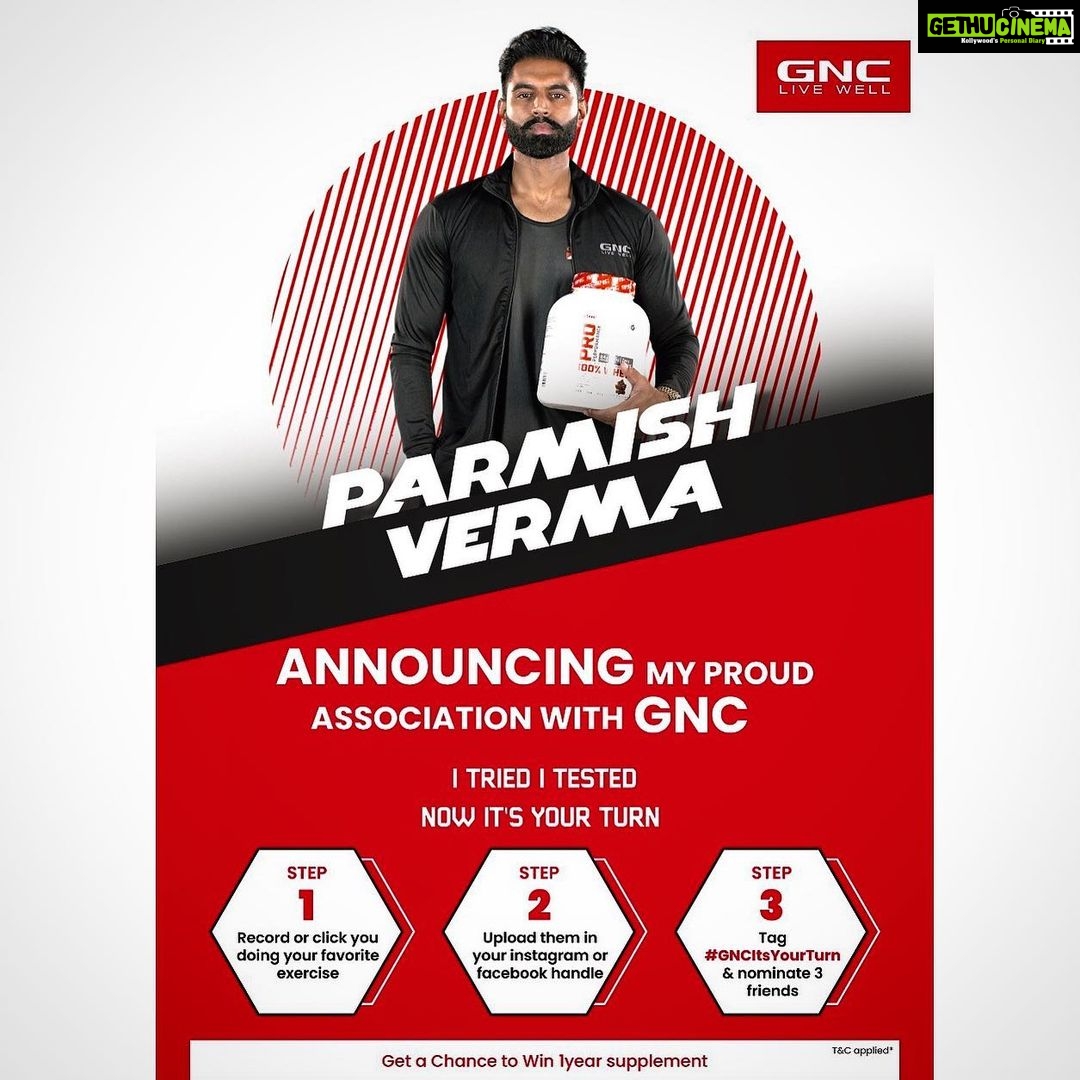 Parmish Verma Instagram - Hello everyone, It gives Immense pleasure to share with you all my Proud Association with GNC - Their 85+years of Scientific Expertise with premium quality products is an inclination for GNC- I Tested, I trusted now its your Turn. Do you wanna know how you can be befitted? It's Simple! Be a part of the #GNCItsYourTurn challenge by following simple steps. * Shoot a video between 30sec - 1min video of you doing an intense workout. * Share the video on your Instagram handle by using the hashtag #GNCItsYourTurn. Tag the GNC India page along with 3 friends of yours and tell them to do the challenge in the caption. * One of the best workout videos, will stand a chance to win supplements till 1 year. #GNCItsYourTurn #GNCFitnessChallenge #GuardianGNC #GNCLiveWell #Protein #WheyProtein #ProPerformance #StayStrong #ProChoice #WheyProtein