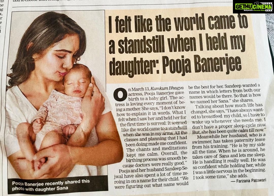 Pooja Banerjee Instagram - My baby’s first newspaper coverage ❤️ Thank you Farzana, @bombaytimes @greenlight__media Anjali and Ankur ♥️ @sanassejwaal you are a Star 🌟 #BabyPoo #SejwalJr. #SanaSSejwaal #PoojaBanerjee #SandeepSejwal 📸- @falgunikharwaphotography