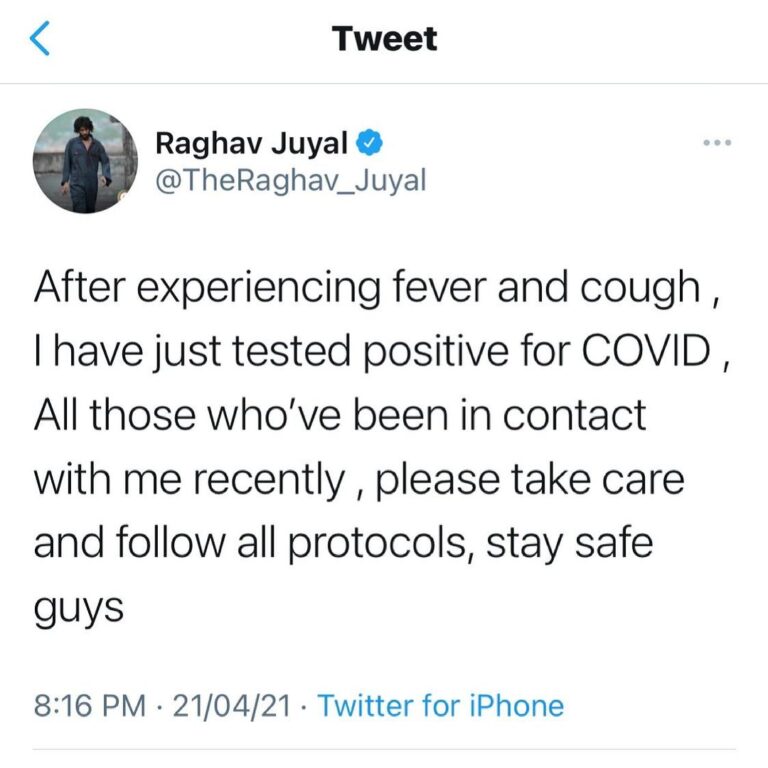 Raghav Juyal Instagram - After experiencing fever and cough , I have just tested positive for COVID , All those who’ve been in contact with me recently , please take care and follow all protocols, stay safe guys