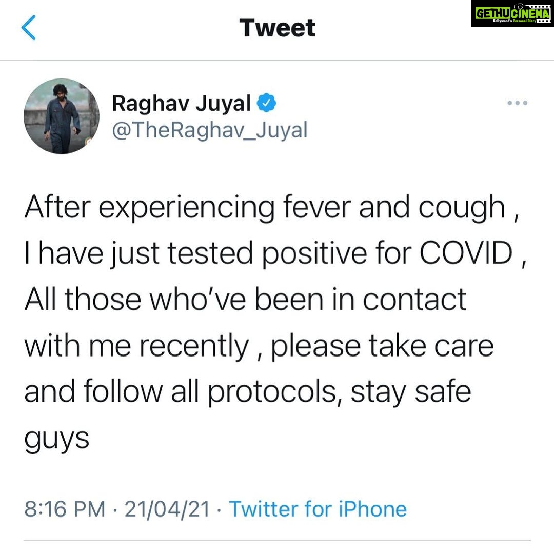 Raghav Juyal Instagram - After experiencing fever and cough , I have just tested positive for COVID , All those who’ve been in contact with me recently , please take care and follow all protocols, stay safe guys