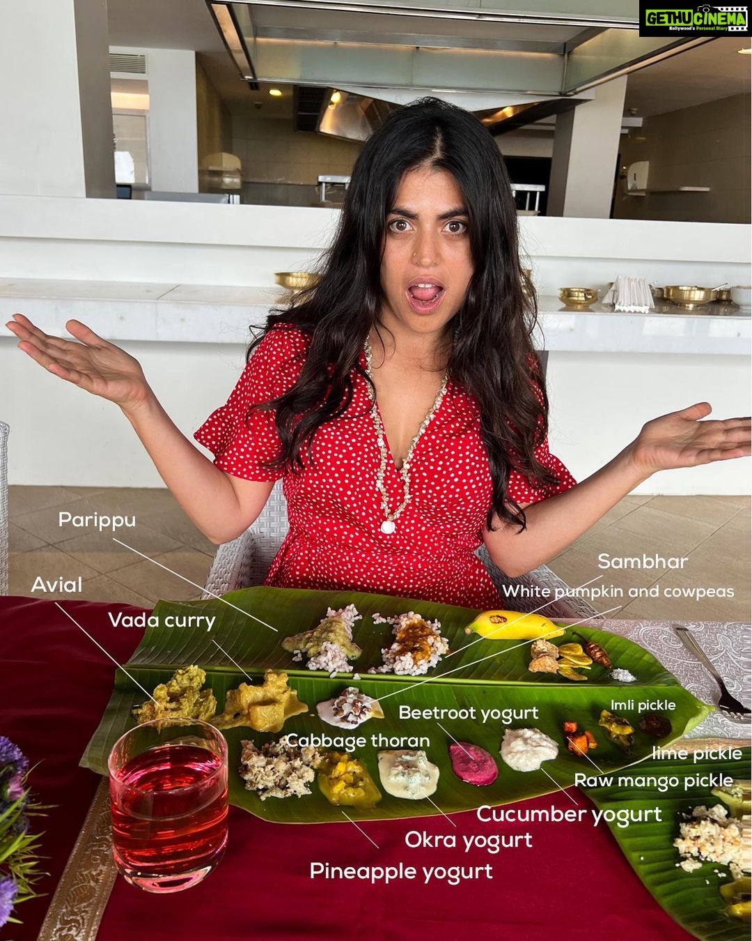 Shenaz Treasurywala Instagram - What’s on my leaf? This is called Sadhya or Feast Menu in Kerala @theleelakovalam Karingali Vellam ( Herbal Water) Karingali is the bark of a tree that is dried and stored . A little bit is put in the water and boiled good for digestion. Salt Balances individual flavors. *Basically to do what a salt is supposed to do.* Rasakadali Pazham Yellow Banana from Kerala eaten at the end of a meal. Sharkara Varaty Jaggery coated banana chips adding sweetness, crunch & munch *like how you all add to my life* Naranga Achar – Lime Pickle Pulli Inji – Ginger and Imli Chutney Nurukku Manga Achar Homemade raw mango pickle Vellerika Pacchadi: Orange Madras cucumber and coconut in a mustard spiked yoghurt gravy Beetroot Pacchadi The sweetness of beetroot and coconut with mustard and homemade yoghurt. Vendakka Kichadi: Fresh cow milk yoghurt, grated coconut, and mustard garnished with deep-fried crunchy okras Kondattam Fried curd chilly. *Probably the best 3 word sentence ever* Kalan Raw plantain, yoghurt and coconut-based gravy that enhances the taste. Avial Medley of vegetables and grated coconut mix. Olan (Pumpkin and Cowpea Curry) A light,mild curry with coconut milk, curry leaves and cowpeas. Olan is said to be the humblest of dishes and a palate cleanser. Chemba Rice Loval rice served hot to start a sadhya Parippu (Dal) Thick dal cooked with coconut & minimal spices Ghee A spoonful in the dal is the best combination Palakkadan Sambar Freshly ground sambar powder and roasted coconut is used in this distinctive Kerala-style Sambar Tomato Rasam Comforting and homey Rasam, perfect for season changes. Pineapple Pullisherry : coconut and yoghurt with the goodness of sweet Pineapples Ada Pradaman: Rice flour batter rolled out on banana leaf like pasta, steamed cut into squares cooked with coconut milk & jaggery Pal Payasam Payasam is slow cooked in cow milk for over two hours in a uruli to get a rose hue and the desired creaminess Gothambu Payasam Broken wheat cooked with milk & Jaggery Sambaram Buttermilk spiced with spices that aid digestion #kovalam #foodporn #foodbaby #travelromancesmiles #onam Kovalam, Kerala