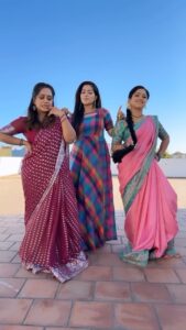 Aashika Padukone Instagram - Ranjithame with the ladies ♥️ #trendingreels #instatrend #primereels #dancemode #shoot #maari #instadance #ranjitame #thalapathy Saree: @elitew.in