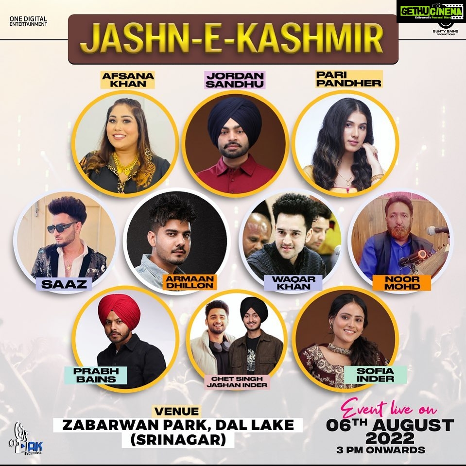 Afsana Khan Instagram - Mega stars of Punjabi Pop Music land collaborate with the Kashmiri mega stars at the most beautiful place on the planet. Gar Firdaus Bar Zameen Ast Hamin asto, Hamin Asto, Hamin Asto...!! @BuntyBainsProductions and @OneDigitalEntertainment in collaboration with AK Productions are all set to light up the landscape around the magical Dal Lake with the concert of the season... Jashn e Kashmir at, Zabarwan Park, Dal Lake, Srinagar @ 3pm, 06 Aug my love @saajzofficial ❤️ @gurpreetbaidwan01 @buntybains
