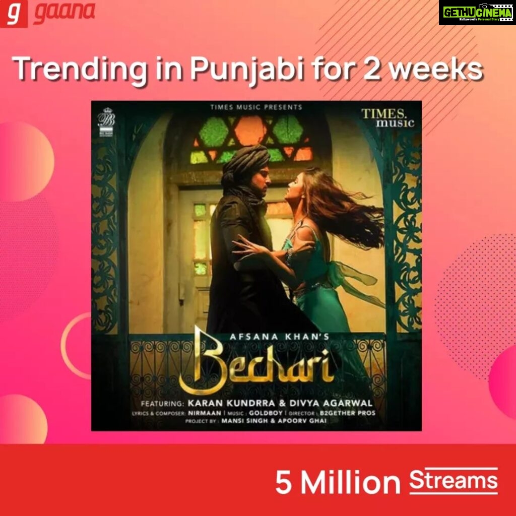 Afsana Khan Instagram - The powerful voice of @itsafsanakhan and the heart-touching melody made "Bechari" Trending in Punjabi on Gaana 🎉 Listen to it on the app @nirmaan01 @kkundrra @divyaagarwal_official @goldboypro @mahisandhuofficial @appusworld @umeshkarmawala @timesmusichub
