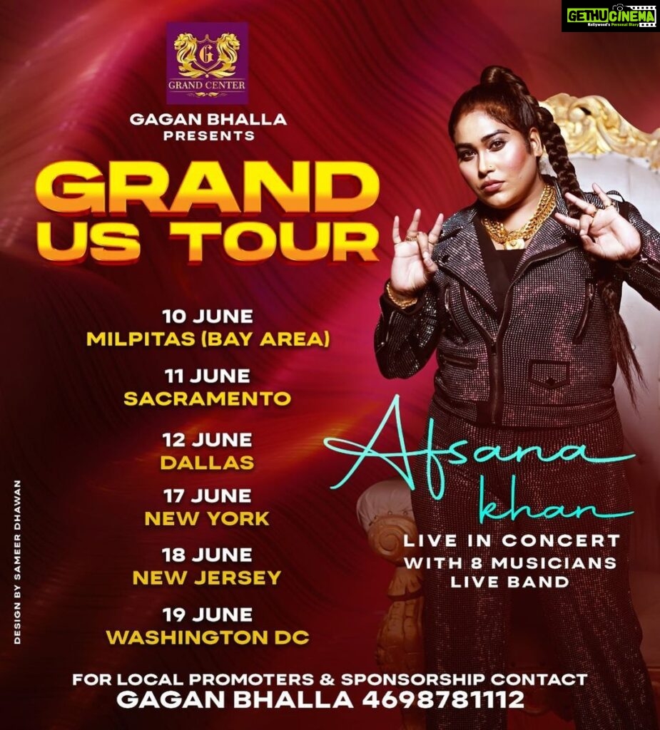 Afsana Khan Instagram - Grand US🇺🇸Tour 2022- I Afsana Khan, Saajz, Khuda Baksh and my super talented live band of 8 musician is all ready to go live on 10th June 2022. So guy's get ready for the Bhagra Blast💥💥.. CHAKK DAWO FATTE 💥💥Aa rahi hai aap di apni Punjab di Sherni 🔥⚡⚡and here are the details below the tour!! Guys contact your local cites for further info or call my international promoter❤️ Gagan Bhalla❤️ at 469 878 1112 @gagan0511 @iamsingkamal @sonu.bhalla.5 Chandigarh, India