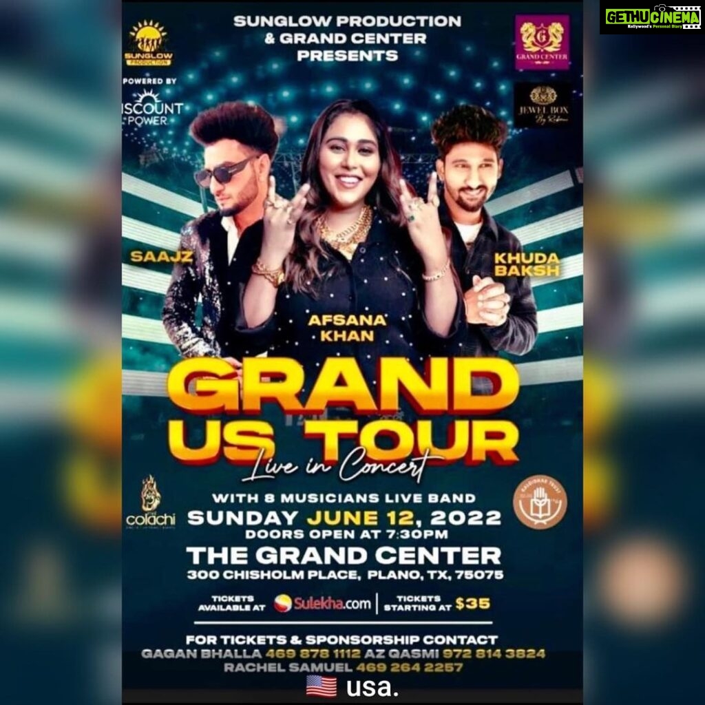 Afsana Khan Instagram - Grand US🇺🇸Tour 2022- I Afsana Khan, Saajz, Khuda Baksh and my super talented live band of 8 musician is all ready to go live on 10th June 2022. So guy's get ready for the Bhagra Blast💥💥.. CHAKK DAWO FATTE 💥💥Aa rahi hai aap di apni Punjab di Sherni 🔥⚡⚡and here are the details below the tour!! Guys contact your local cites for further info or call my international promoter❤️ Gagan Bhalla❤️ at 469 878 1112 @gagan0511 @iamsingkamal @sonu.bhalla.5