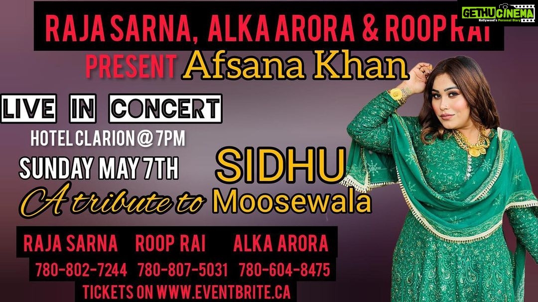 Afsana Khan Instagram - Live in Concert - 7 May - Calrion Hotel, Edmonton - For Tickets 🎫 7808075031 @parvasimedia @roop_yad @alkaarora_edmonton @chbanquets #canadatour2023 #afsanakhan #afsanakhanbigboss15 #canada #edmonoton #vancouver #surrey #afsaajzforever #afsaajz Edmonton, Alberta
