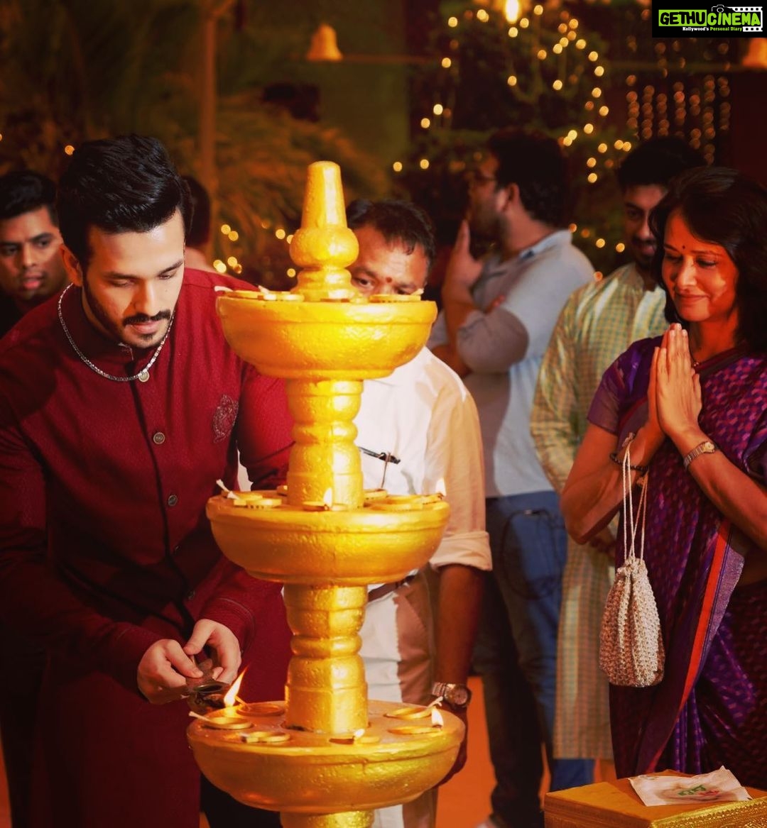 Akhil Akkineni - 323.8K Likes - Was a pleasure attending the Navaratri Pooja at The Kalyan Jewelers residence in Thrissur. Thank you to the whole Kalyan family for hosting us so graciously, the evening was spectacular. As always it was an absolute honour spending some time with Amit Ji as well. @kalyanjewellers_official