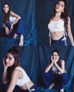Alaya F Instagram - Me and my many moods 😋💙 Photos by @trishasarang Styled by @mohitrai @shubhi.kumar @tarangagarwalofficial @ruchikrishnastyles @teammrstyles Make up by @divyashetty_ Hair by @hairbyapeksha Outfit- @vis.a.via @appapop Jewellery - @misho_designs @the_jewel_factor Shoes- @publicdesire