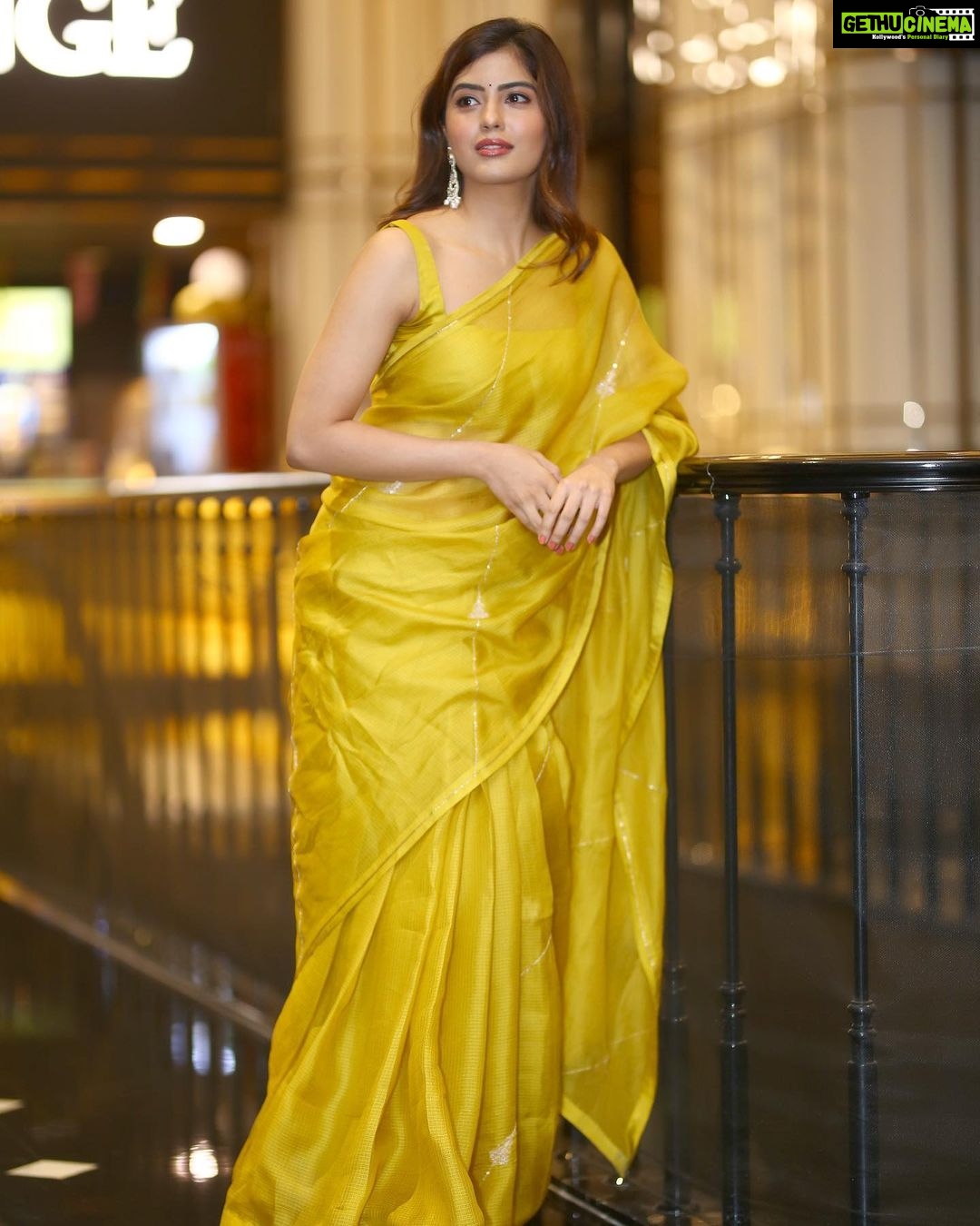Amritha Aiyer Instagram - #HANUMAN Teaser Launch 💛 . Saree - @label_ilma Makeup- @makeup_by_lavanya Accessories- @thetrinkaholic