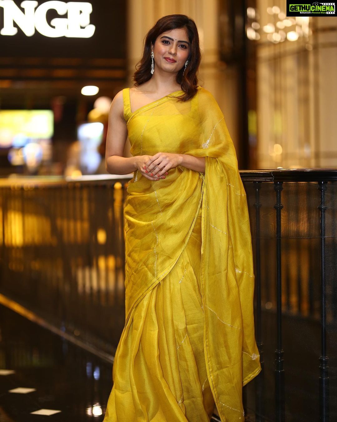 Amritha Aiyer Instagram - #HANUMAN Teaser Launch 💛 . Saree - @label_ilma Makeup- @makeup_by_lavanya Accessories- @thetrinkaholic