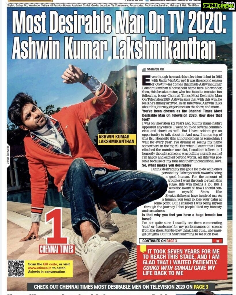 Ashwin Kumar Instagram - Again and again the love you people shower on me is breaking barriers. Your love, support and votes has got me here. This was not even in my wildest of dreams. I owe to pay back all this love by giving my best in all my projects. Thank you for this unconditional love ❤️ Thanks to the CWC crew & team and @vijaytelevision and for all those who have been part of my journey.🤗 Thank you @chennaitimestoi for this honour & recognition. Means a lot to me 😇🙏🏼 Pc:@johan_sathyadas Article: @sharanya_cr Photo Edit: @johnferri.1111 Location: @tajconnemara Stylist: @njsatz Assistant Stylist: Gokila Makeup & Hair: @toniandguy Accessories: @byelegancecom