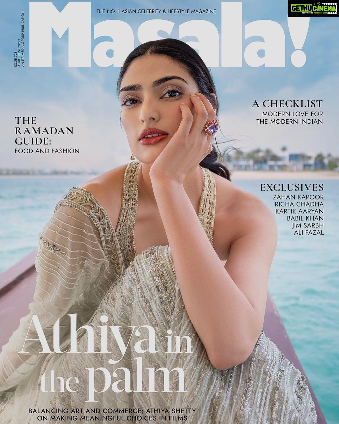 Athiya Shetty Instagram - Balancing art & commerce @masalauae Wearing @shehlachatoor @lamarquisejewellery Directed and produced by Vama Kothari (@vamakotharii) Assisted by Aminath Ifasa (@ifasaa) Photographed by Mox Santos (@moxsantosx) Styled by Seher Khan (@seherkhanp) Makeup by Simran Gidwani (@simrangidwanii) Photographed at Anantara The Palm, Dubai (@anantaradubai) ——————————————————————— #MasalaApril2023issue #AthiyaShetty #ShehlaChatoor #LaMarquiseJewellery #Bollywood