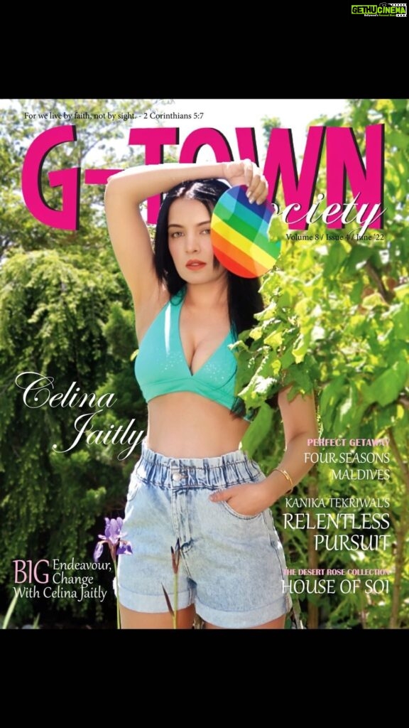 Celina Jaitly Instagram - And this is the recipe of a Magazine cover …. G TOWN SOCIETY MAGAZINE featuring yours truly @celinajaitlyofficial Ingredients: ☑️Turquoise Bikini ☑️ Denim High waisted @newyorkeronline Shorts ☑️@redvalentino nude pumps ☑️ A generous helping of the #lgbtq rainbow. ☑️ One cup of Celina Jaitly Haag ☑️ Toss them in sunlight with a sprinkle of Viennese Austria and cook them like Chef @haag.peter with his Cannon HD camera and voila you have the fabulous………. G TOWN SOCIETY JUNE-JULY 2022 COVER!! #magazinecover #behindthescenes #bollywood #celina #celinajaitly #celinajaitley #beautyqueen #missindia #missuniverse #beautifulwomen #austriangirl #indiangirl #vienna #austria #magazine #cover
