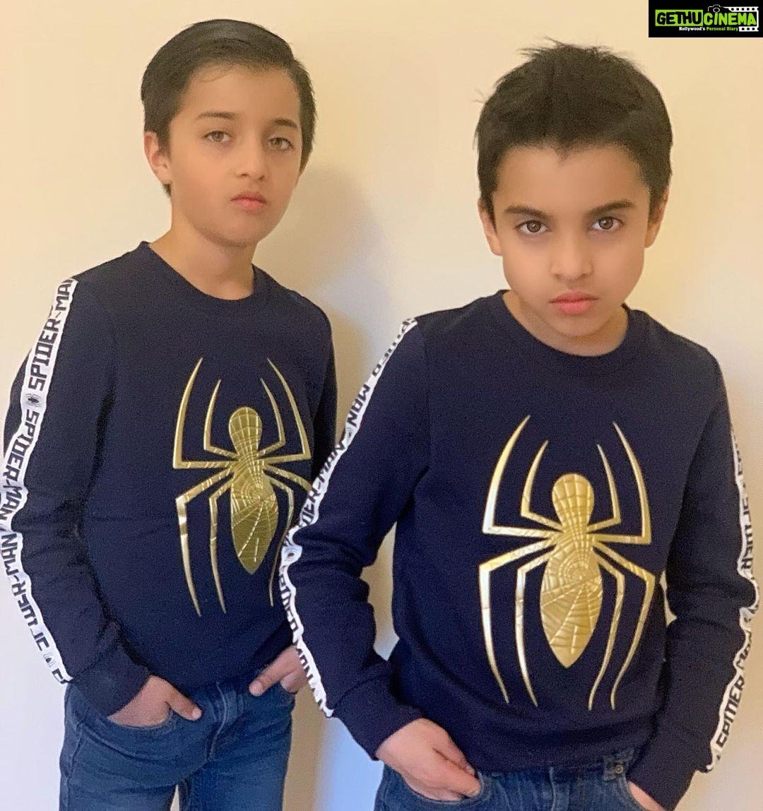 Celina Jaitly Instagram - 24th March 2022 And just like that.. our twin spiders turned 10 years old yesterday. @winstonjhaag @viraajjhaag Giving serious grown up vibes in this pic lol 😂 when I asked them to give 10 year looks to the camera 😂 #happybirthday #winstonjhaag #viraajjhaag #twins #twinsofinstagram #twinboys #twinsplusone #celinajaitly #celinajaitley #austrianboys #bollywood #internationalfamily #winston #viraaj Austria, Europe