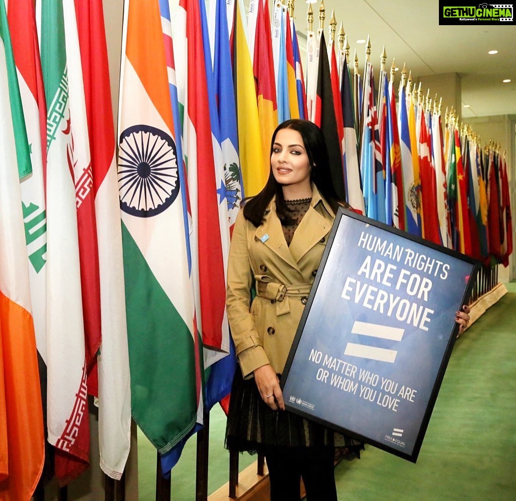 Celina Jaitly Instagram - Wed, May 17, 2023 marked International Day Against Homophobia, Biphobia and Transphobia. As a soldiers daughter Equality and non-discrimination have always been an integral part of my core values probably since the day I was born. #LGBTQIA persons still face multiple challenges worldwide and action is needed to combat it. Promoting equality, diversity and inclusion is a matter of human rights, but also of peace and security, social justice and economic progress. Having said that, I reaffirm my commitment towards playing my role in combating discrimination through my films and my voice as long as I live. @unwomen @unitednations #IDAHOBIT2023 #IDAHOBIT #celinajaitly Photograph- UN HQ NEW YORK for @free.equal United Nations Headquarters