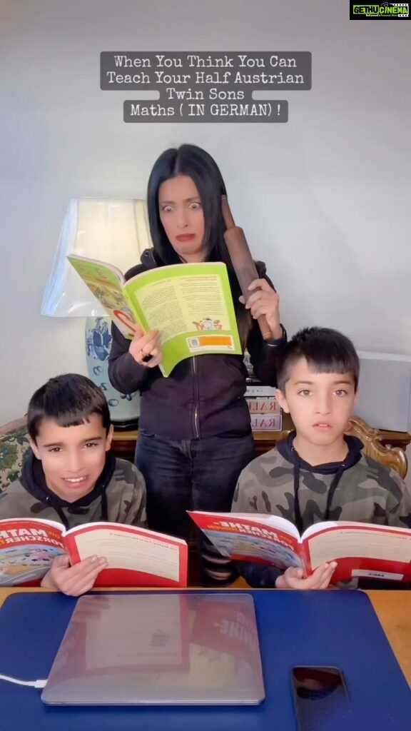 Celina Jaitly Instagram - When you are married to an Austrian and your kids speak & also study every subject in German there is not much hope for the typical Indian Mom who obviously has to interfere in all educational endeavours… Having said that, this is me trying to teach my twin boys Mathematics ….. IN GERMAN!! @winstonjhaag @viraajjhaag @celinajaitlyofficial #celinajaitly #celina #celinajaitley #winston #viraaj #winstonjhaag #viraajjhaag #bollywood #comedy #funnyreels #desi #desimom #internationalfamily #indian #austrian #european #africa #zuma #hilarious #twins #twinstagram #momoftwins #momoftwinsplusone #twinsplusone Austria, Europe