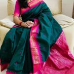 Chaitra Rai Instagram - Saree+music= ♥ My love for sarees is never ending😍♥ This beautiful saree by: @sankalpa_angadi ♥ #neverending #saree #sareelove #traditional #trending #trendingreels #trendingnow #bgm #music #silksaree #silk #green #pink #reels #reelitfeelit #thankful #chaithrarai17